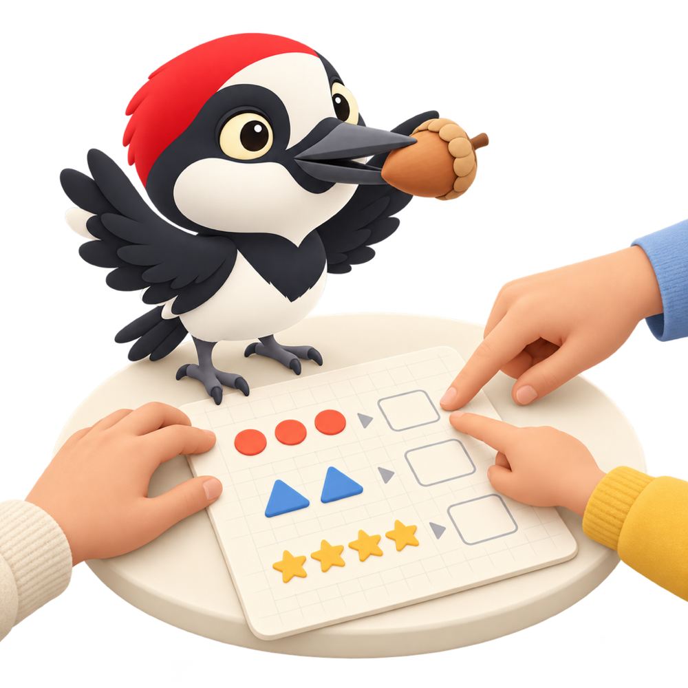 A parent and child pointing at a sheet while Corna holds an acorn